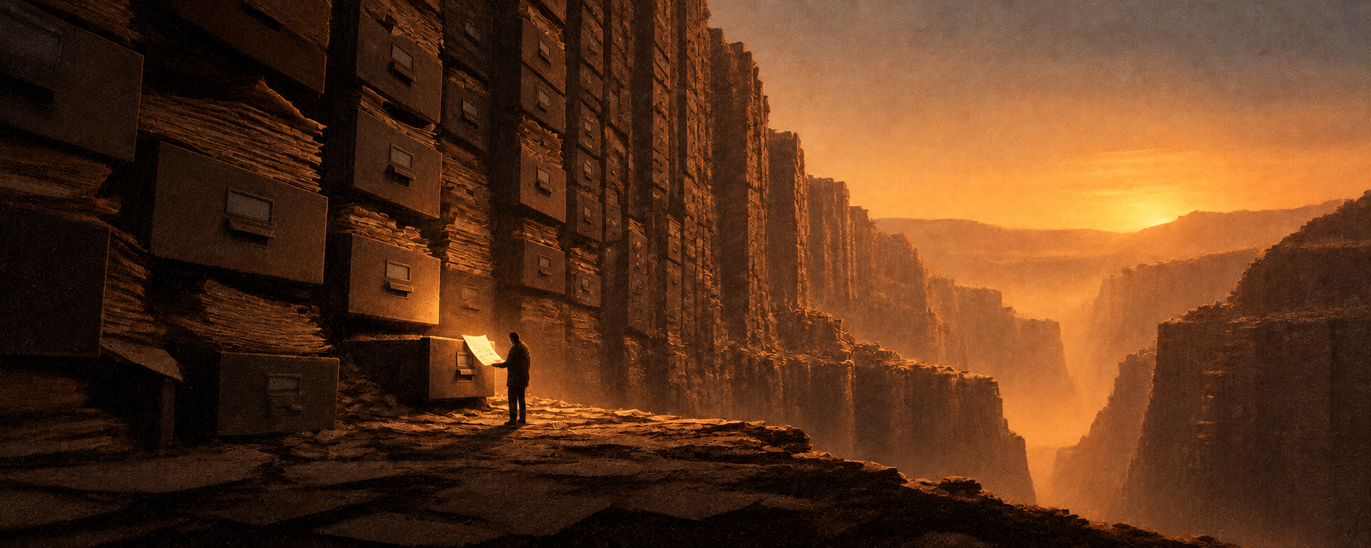 A person examines 1 note against a vast cliff of archived documents